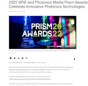 2022 SPIE and Photonics Media Prism Awards Celebrate Innovative Photonics Technologies