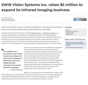SWIR Vision Systems, Inc. raises $5 million to expand its infrared imaging business